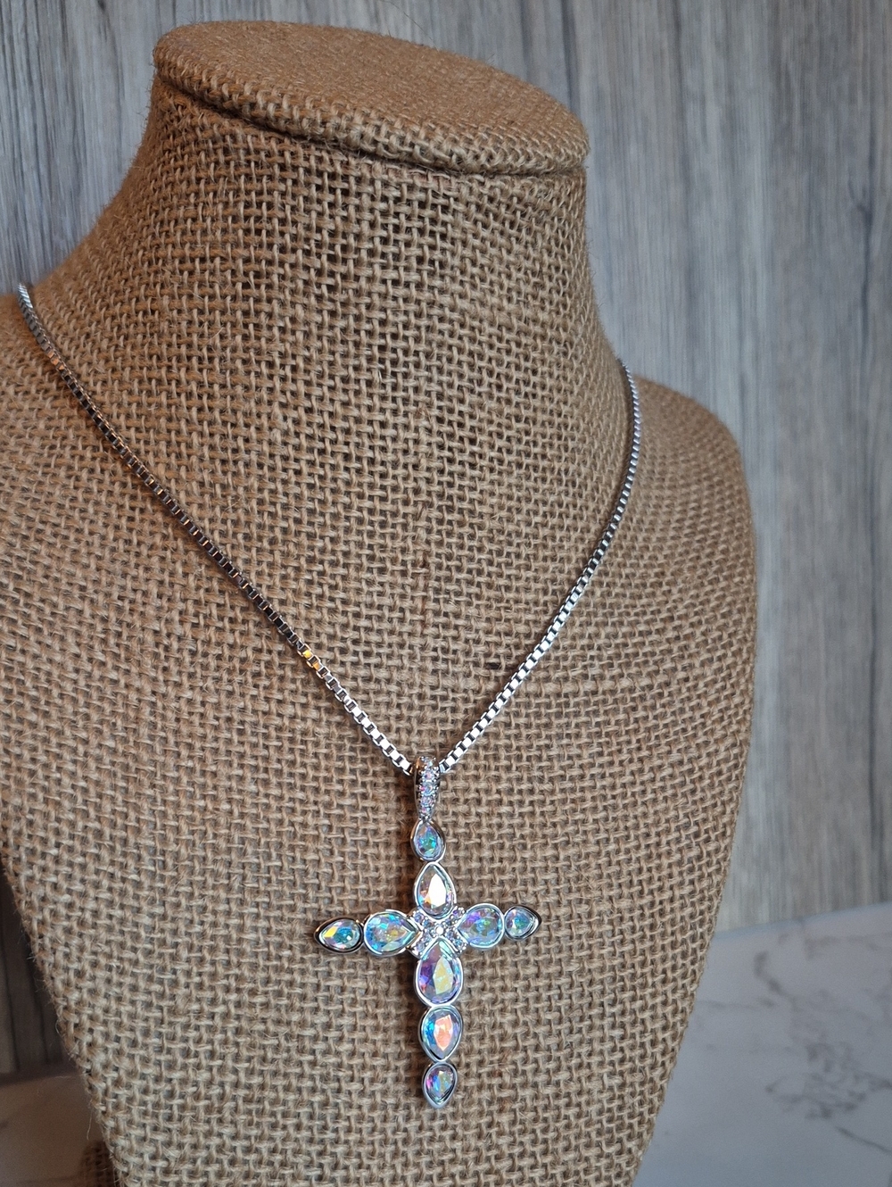 New Authentic Swarovski Aurora Borealis Teardrop Cross Pendant Necklace - Silver